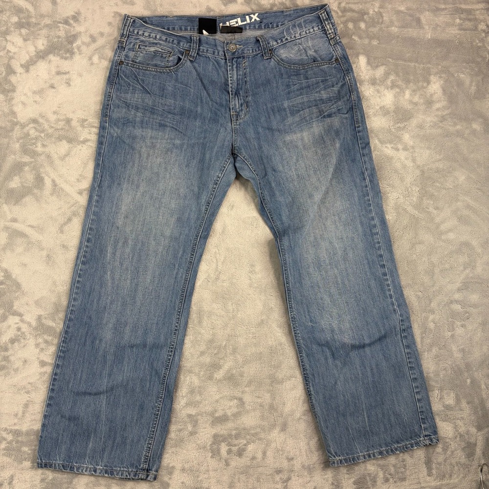 Helix Mens 38x30 Relaxed Fit Straight Leg Light Wash Blue Denim Jeans Zip